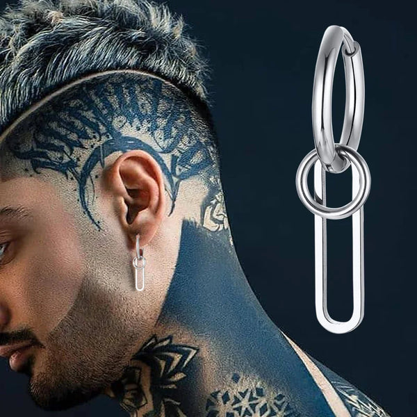 PAPER CLIP SILVER COLOR HOOPS EARRING FOR MEN