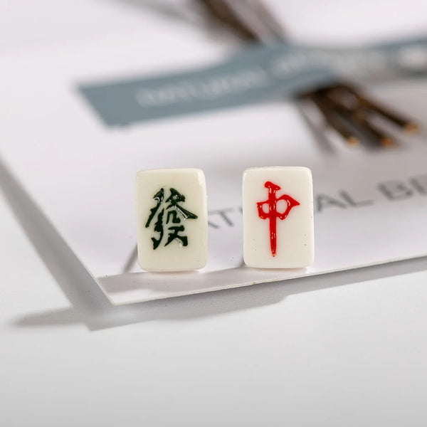 Small And Exquisite Chinese Character Mahjong Ceramic Earrings
