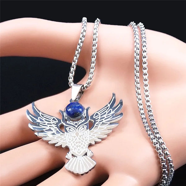 Collar con colgante de acero inoxidable, diseño de búho brujo, punta de lanza y águila, color plata y lapislázuli.