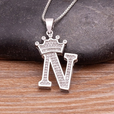 Fashion Luxury A-Z Crown Alphabet Pendant Chain Necklace