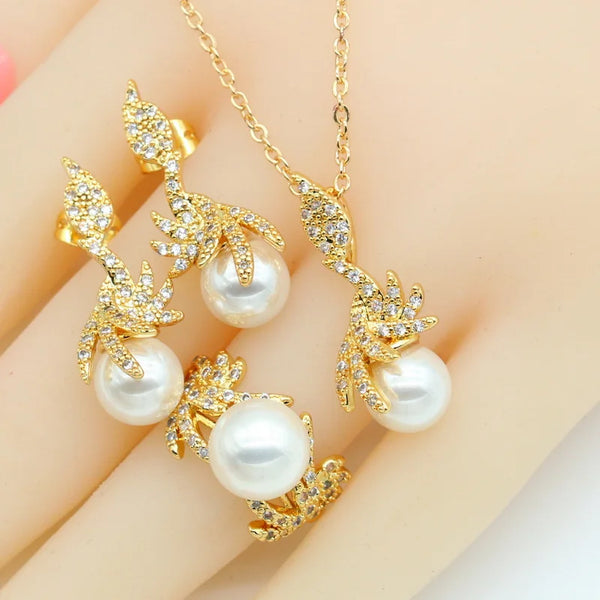 Gold Color White Pearl  Earrings Necklace Pendant Rings Gift Box