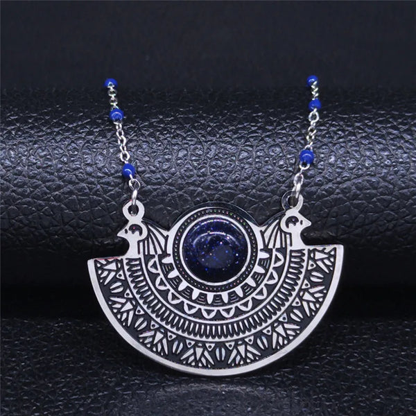 Collar de acero inoxidable con diseño de ave fénix para mujer, color azul, con piedra natural.