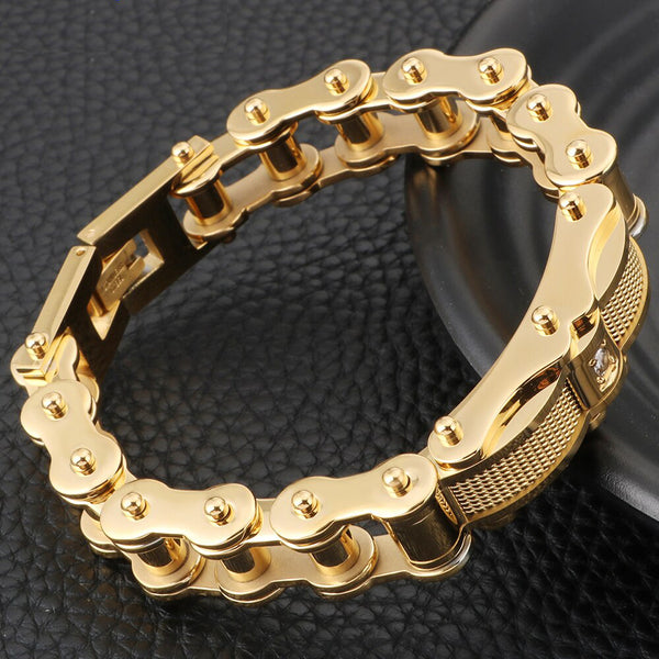 Heavy Gold Plated 316L Stainless Steel Motorcycle Link Chain Bracelet Men
