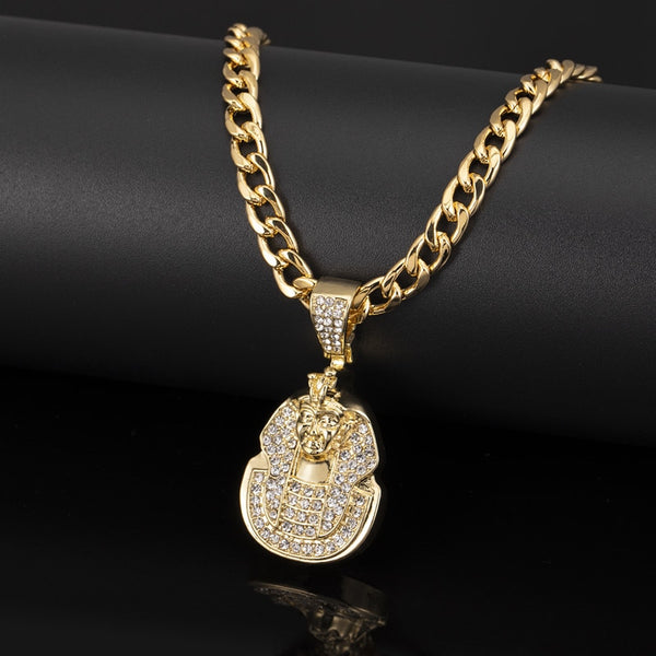 Iced Out Egyptian Pharaoh Pendant Bling Bling Rhinestone Pendant Necklace