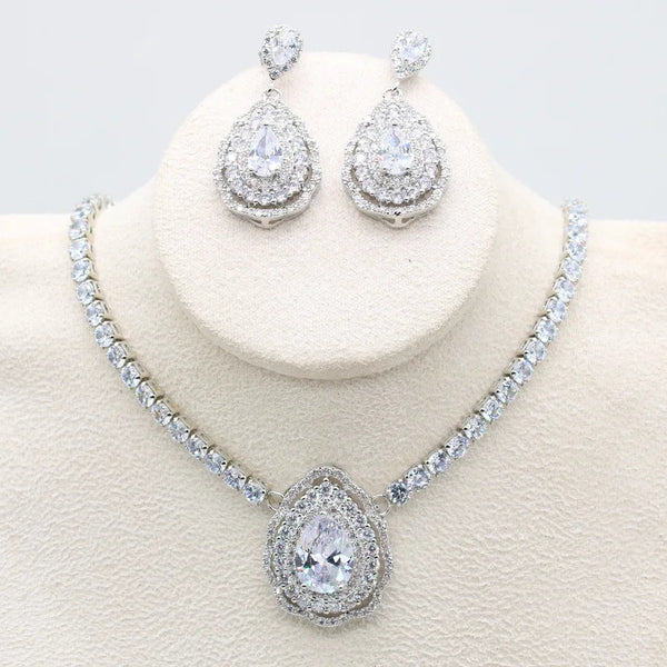 Water Drop Dubai White Blue Zircon Necklace Earring Set for Women