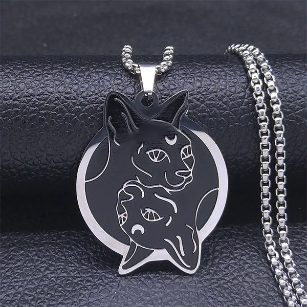 Collar con colgante de acero inoxidable con diseño de gato sin pelo de Wicca y Tai Chi para mujer y hombre, color negro y plateado.