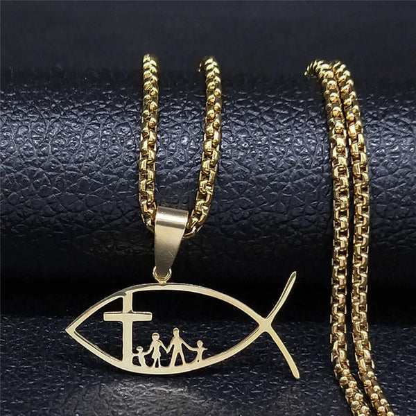 Collar con colgante de cruz familiar de Ichthys Christ Fish para mujeres y hombres