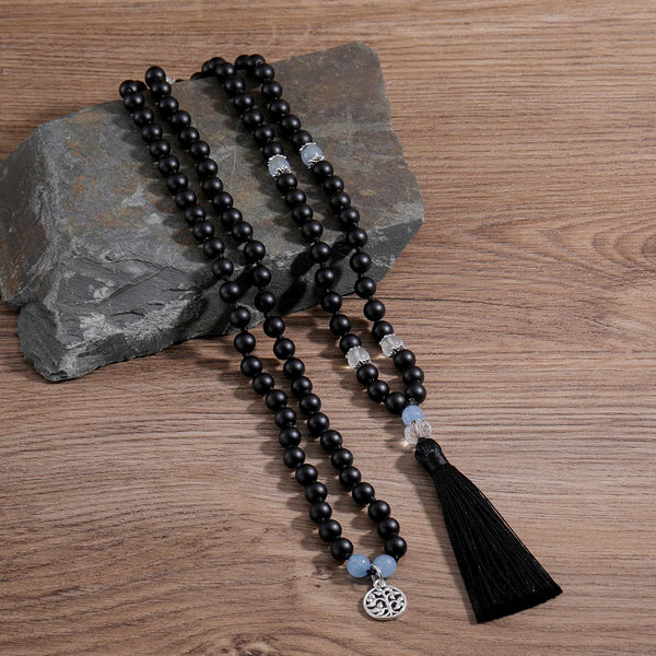 Collar de cuentas anudadas de ónix negro mate y piedra lunar 108 Mala de moda para hombre y mujer