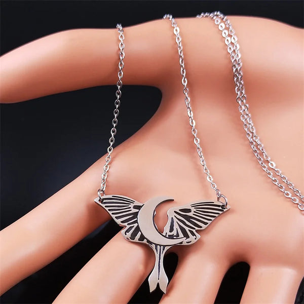 Collares de acero inoxidable con diseño de mariposa y luna de brujería para mujer, colgantes de cadena de color plata