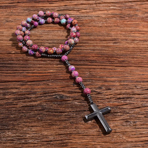 Collar con colgante de cruz de hematita de Cristo católico de jaspe emperador morado natural para meditación