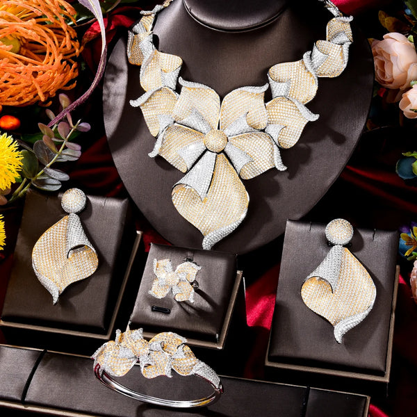 New Luxury Big Blooming flowers Bangle Earrings Necklace Ring Jewelry Set for women