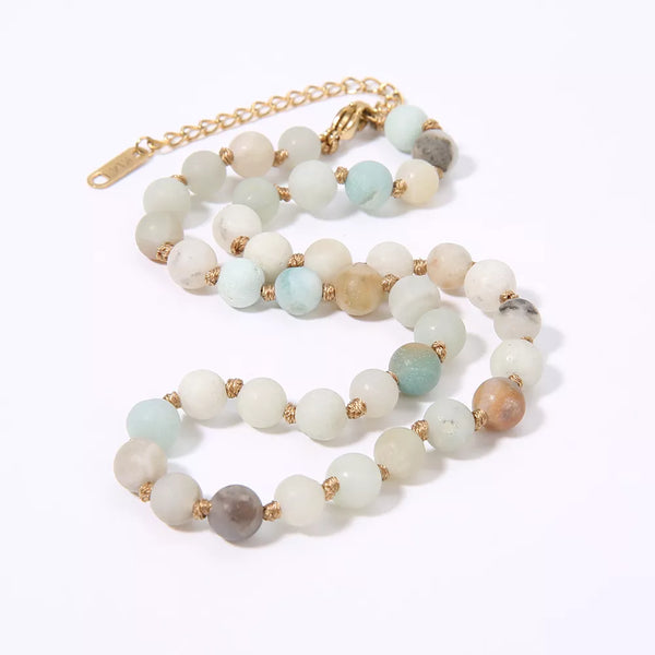 Collar anudado con cuentas de amazonita, ojo de tigre y piedra de sangre de 6 mm para mujer