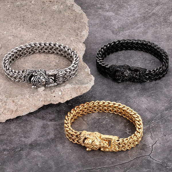 Pulsera de acero inoxidable con eslabones de cadena y cabeza de tigre dorada para hombre