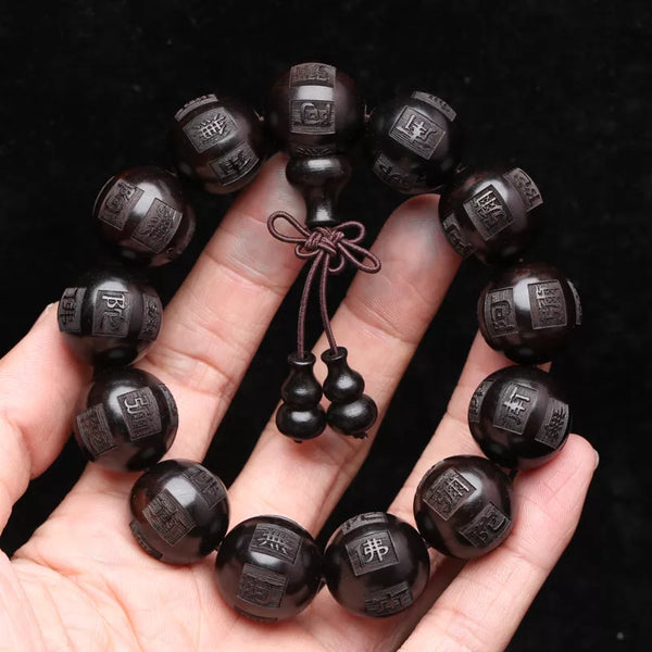 Pulsera budista tibetana con cuentas de ébano natural para hombre, 18 mm, 20 mm, mantra budista