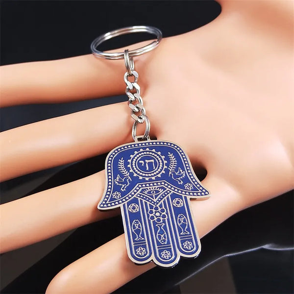 Llavero de mano de Fátima con ojos de pez de acero inoxidable color azul plateado