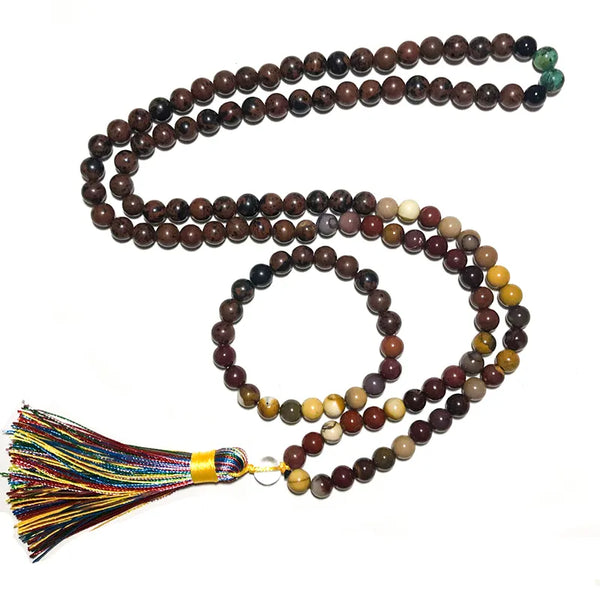 Conjunto de collar Japa Mala de obsidiana caoba natural y mookaíta de 8 mm