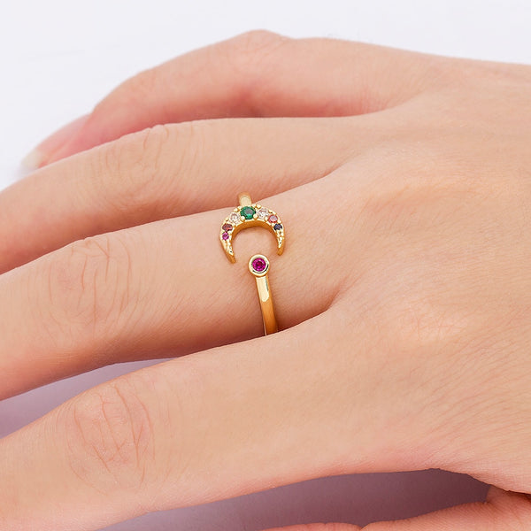 Anillo de circonita cúbica de moda para mujeres y hombres, anillo bohemio colorido con arcoíris.