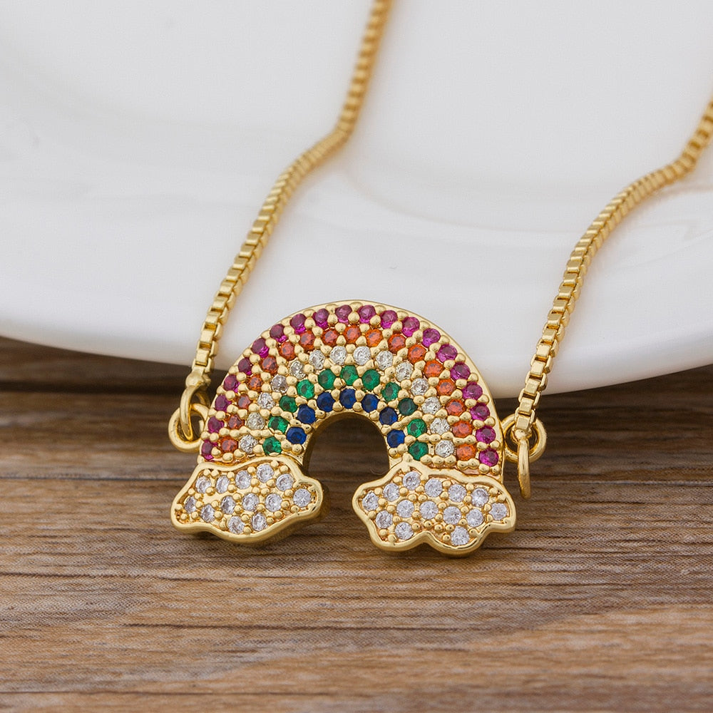 Fashion Rainbow Necklace Multicolor Pendants Charm Gold Color Jewelry Long Chain Necklace
