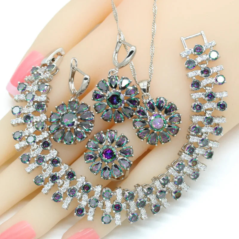 Rainbow Zirconia Silver Color Dubai Bridal Jewelry Sets For Women