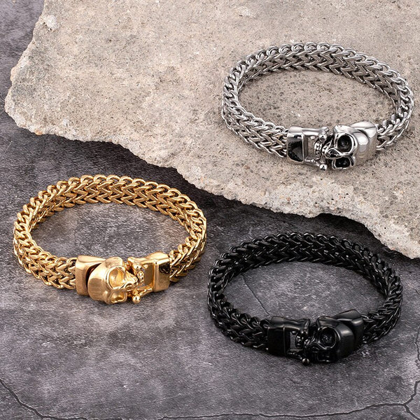 Pulseras de motociclista de acero inoxidable con eslabones de cadena y cabeza de calavera dorada para hombre