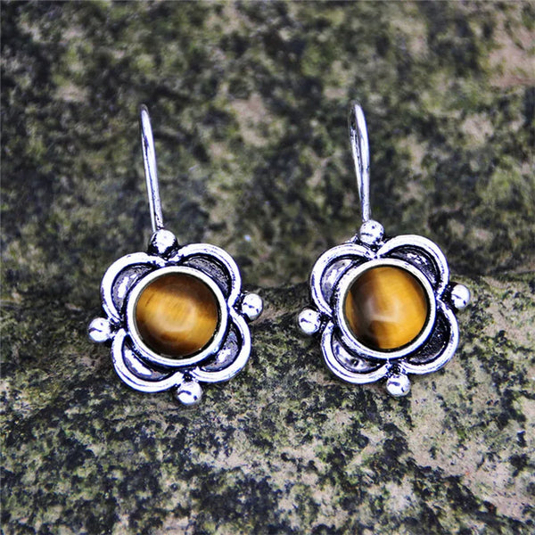 Pendientes vintage de ojo de tigre natural con flores para mujer