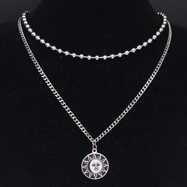 Collar de acero inoxidable en capas con diseño de sol y luna de brujería para mujer, color plateado, 2 unidades