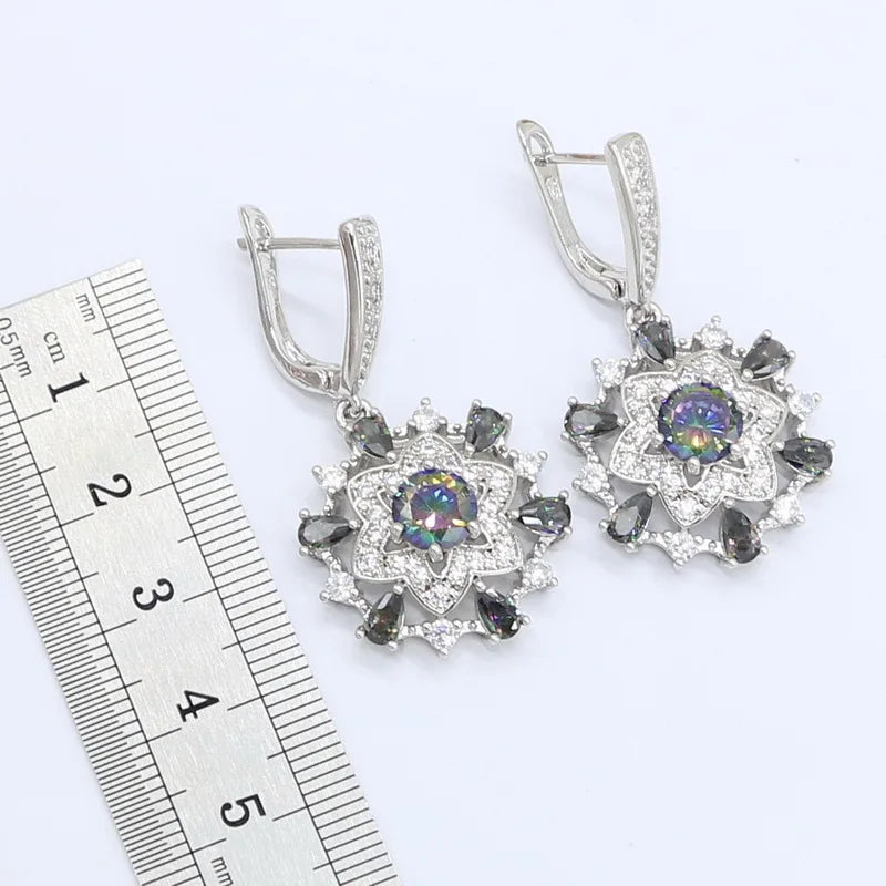 Silver Color Rainbow Zircon Bracelet Earrings Rings Necklace Pendant Gift