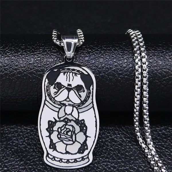 Collar de cadena de acero inoxidable con diseño de matrioska y carlino para mujer y hombre