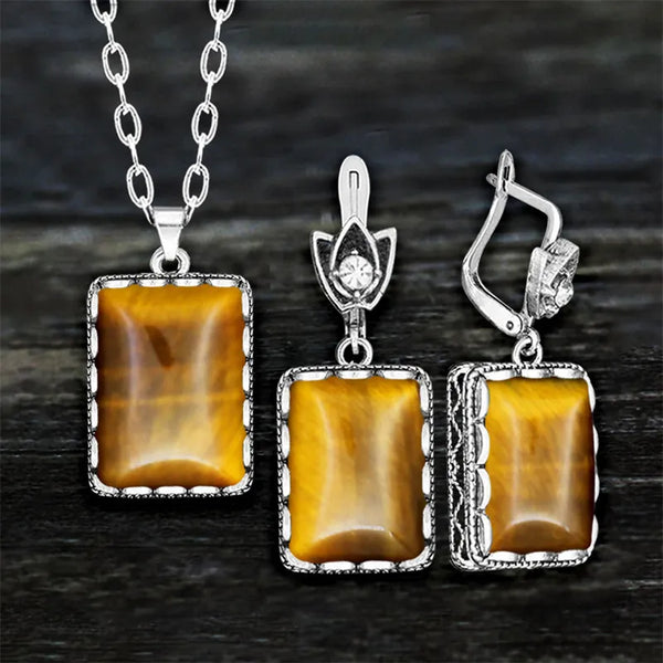 Colgante vintage de flor chapada en plata con ojo de tigre natural cuadrado para mujer