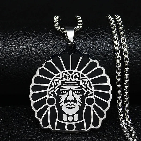 Collar de acero inoxidable con el símbolo de jefe tribal primitivo indio para hombre