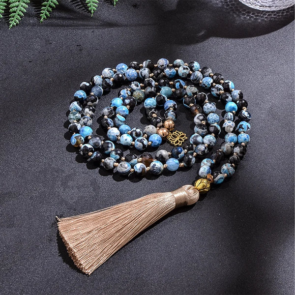 Collar Mala de cuentas de ágata de fuego de 8 mm para meditación, yoga, bendición espiritual