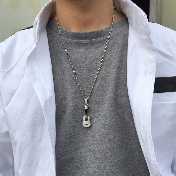 Guitar Pendant Necklace for Men Stainless Steel