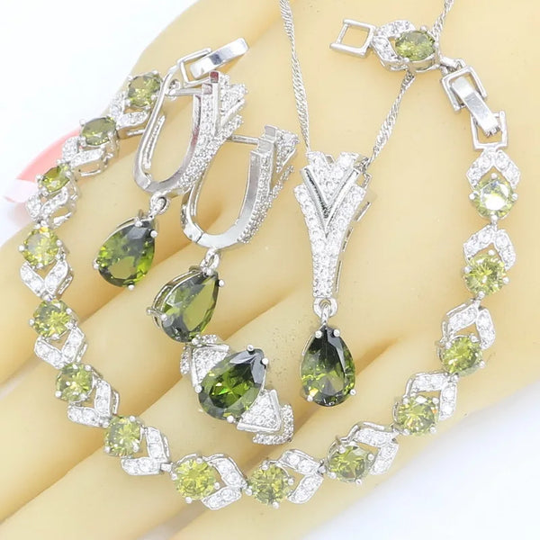 Olive Green Zircon Silver Color Bridal Jewelry Sets For Women