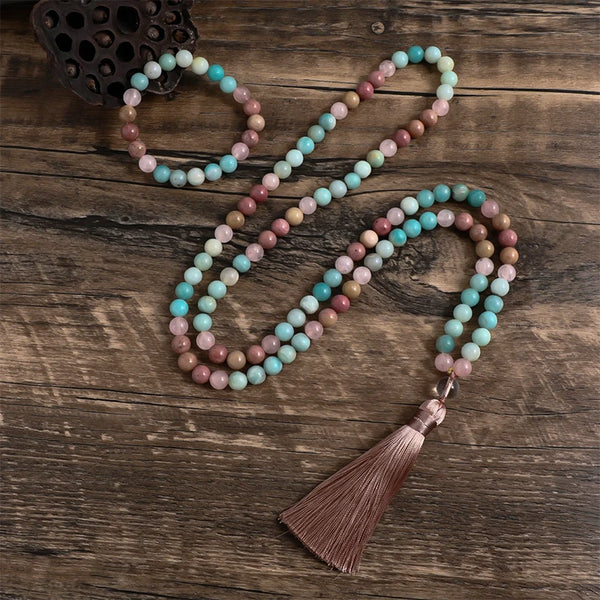 Collar con borlas de rodolita natural y amazonita de cuarzo rosa de 8 mm