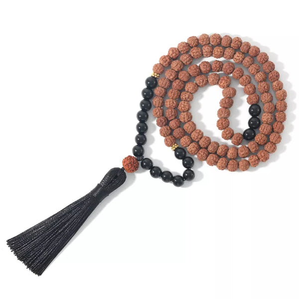 Collar de 108 cuentas Mala de 8 mm con ónix negro y rudraksha natural, borla negra, ideal para meditación y yoga.