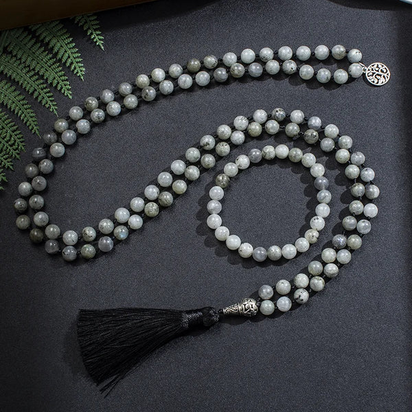 Collar Mala de Labradorita Blanca Natural de 8 mm para Meditación, Yoga y Espíritu.
