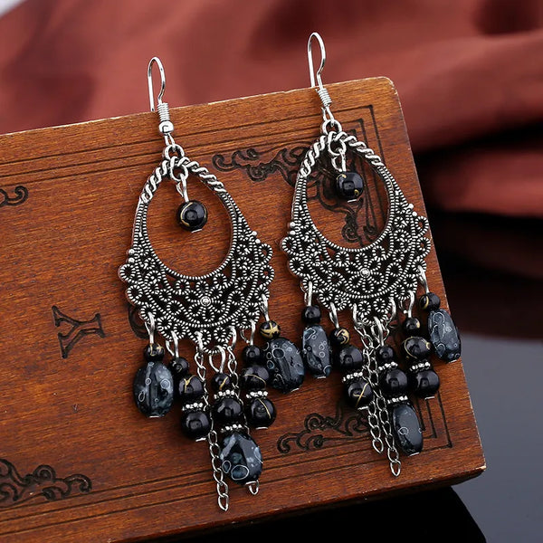 Pendientes vintage grandes ovalados con borlas y cuentas multicolores para mujer