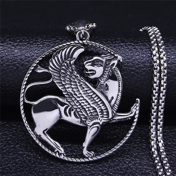 Collar de acero inoxidable con amuleto egipcio, esfinge egipcia, gato y Bastet.