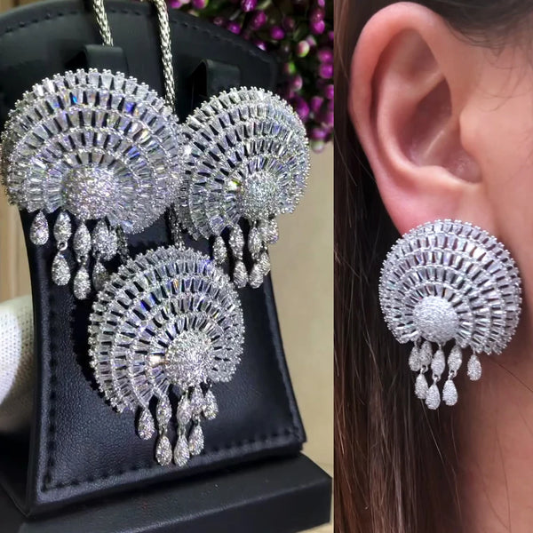 Noble Women Wedding Big Round Drop Pendant Earrings Necklace Jewelry Set