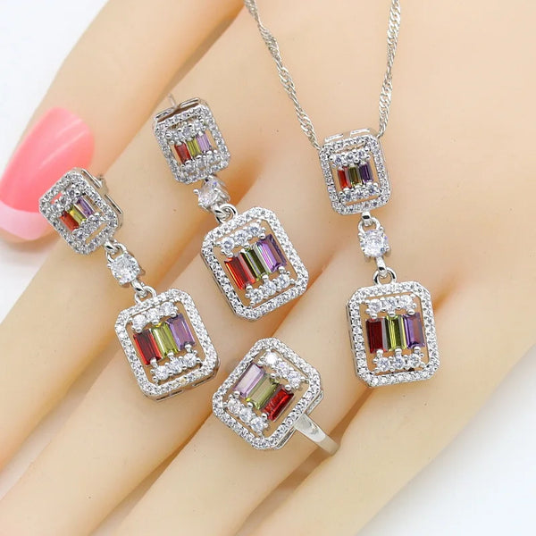 4 Colors Multi Zirconia Silver Color Wedding Jewelry Sets For Women