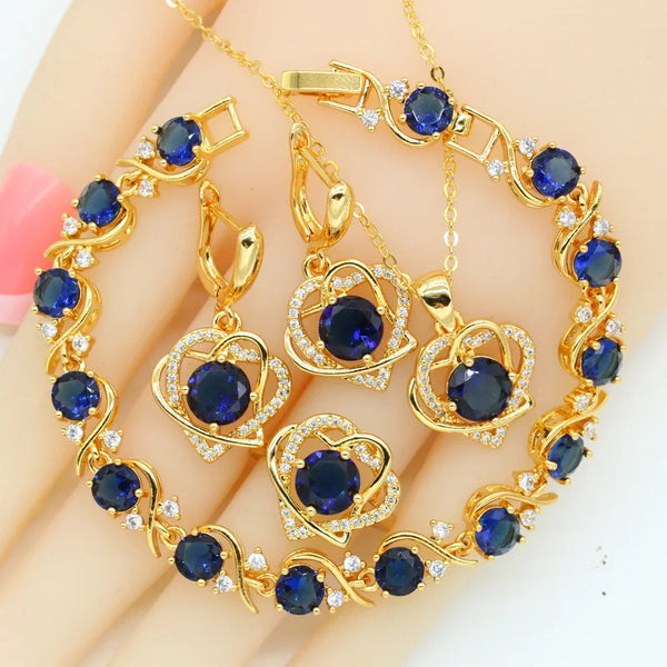 Heart Blue Semi-precious Gold Color Jewelry Sets For Women