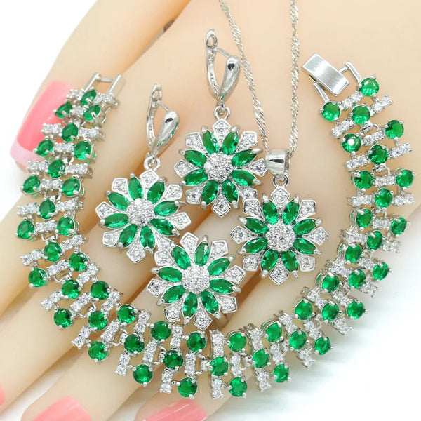 Popular Green Semi-precious Silver Color Bridal Jewelry Sets For Women