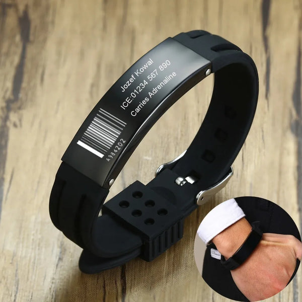Personalized Silicone Bracelet in Black Watch Strap Band Wrist ID Elite