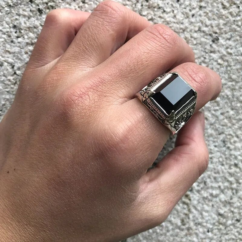 Real 925 Silver Black Zircon Ring For Men Female Engraved Flower Men