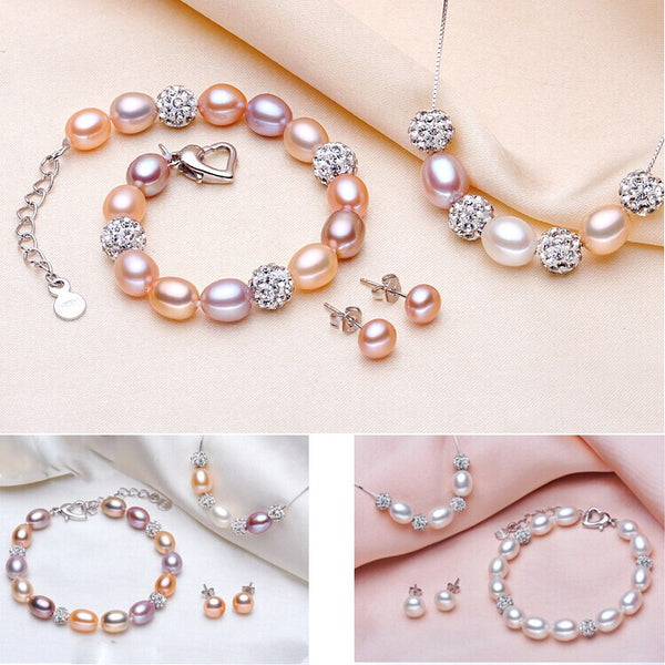 Conjunto de collar y pendientes de perlas naturales de moda, perlas de agua dulce, plata de ley 925