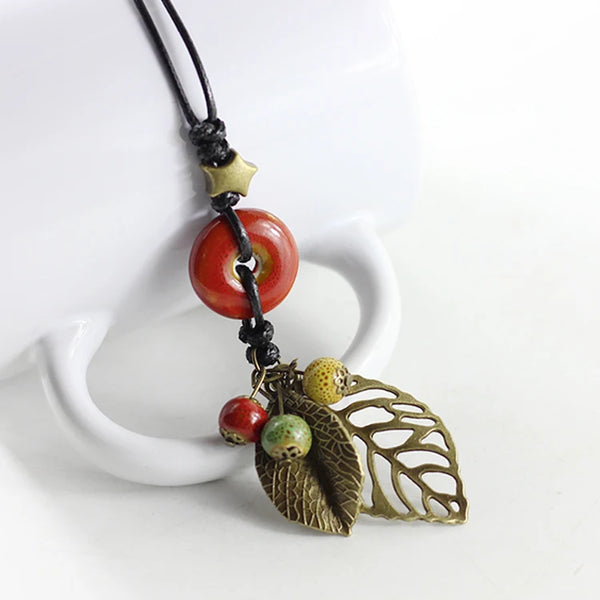 leaves necklace female clothes hang ceramic pendant long sweater chain