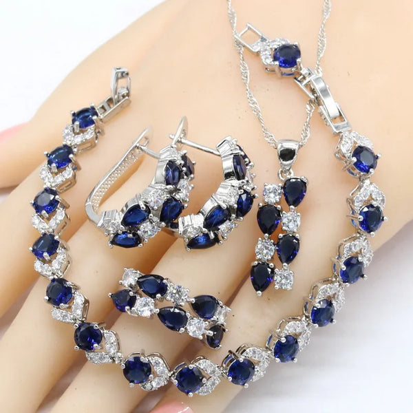 Dark Blue Zirconia Hoop Earrings Bracelet Ring Necklace Pendant Birthday Gift