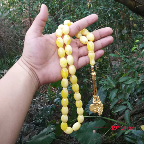 Rosario Tasbih de 33 cuentas de resina amarilla con diseño turco, tesbih dorado, Kazaz, borla de metal, regalo islámico musulmán para Ramadán.