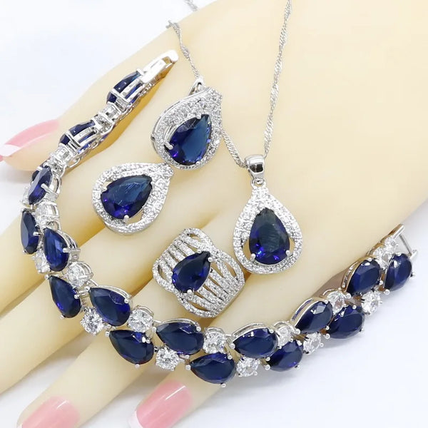 Royal Blue Semi-precious Silver Color Bridal Jewelry Sets For Women