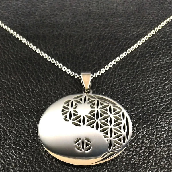 Yin Yang Flower of Life Stainless Steel Long Necklace for Women Silver Color Necklaces